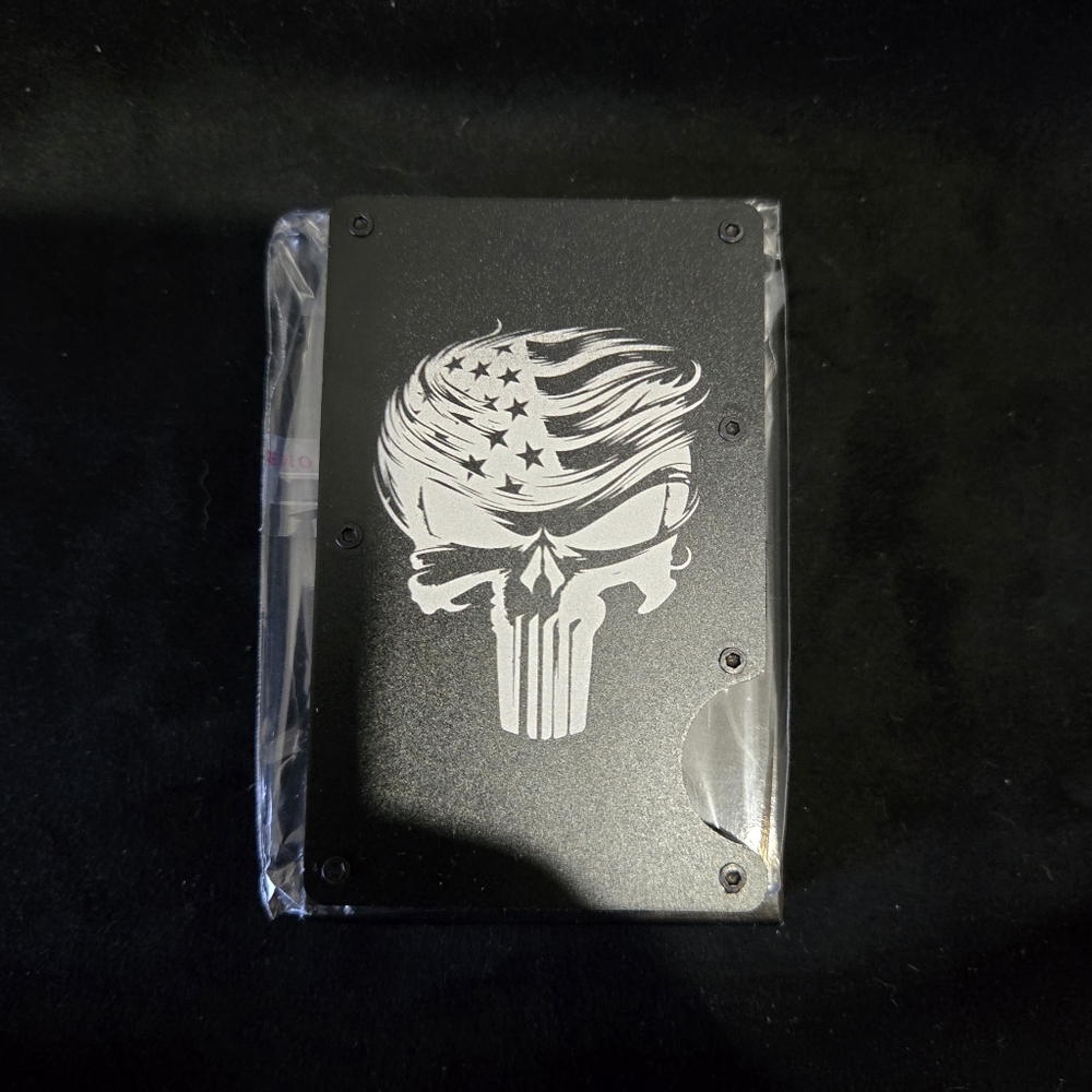 Metal minimalist RFID blocking wallet laser engraved Trump punisher.